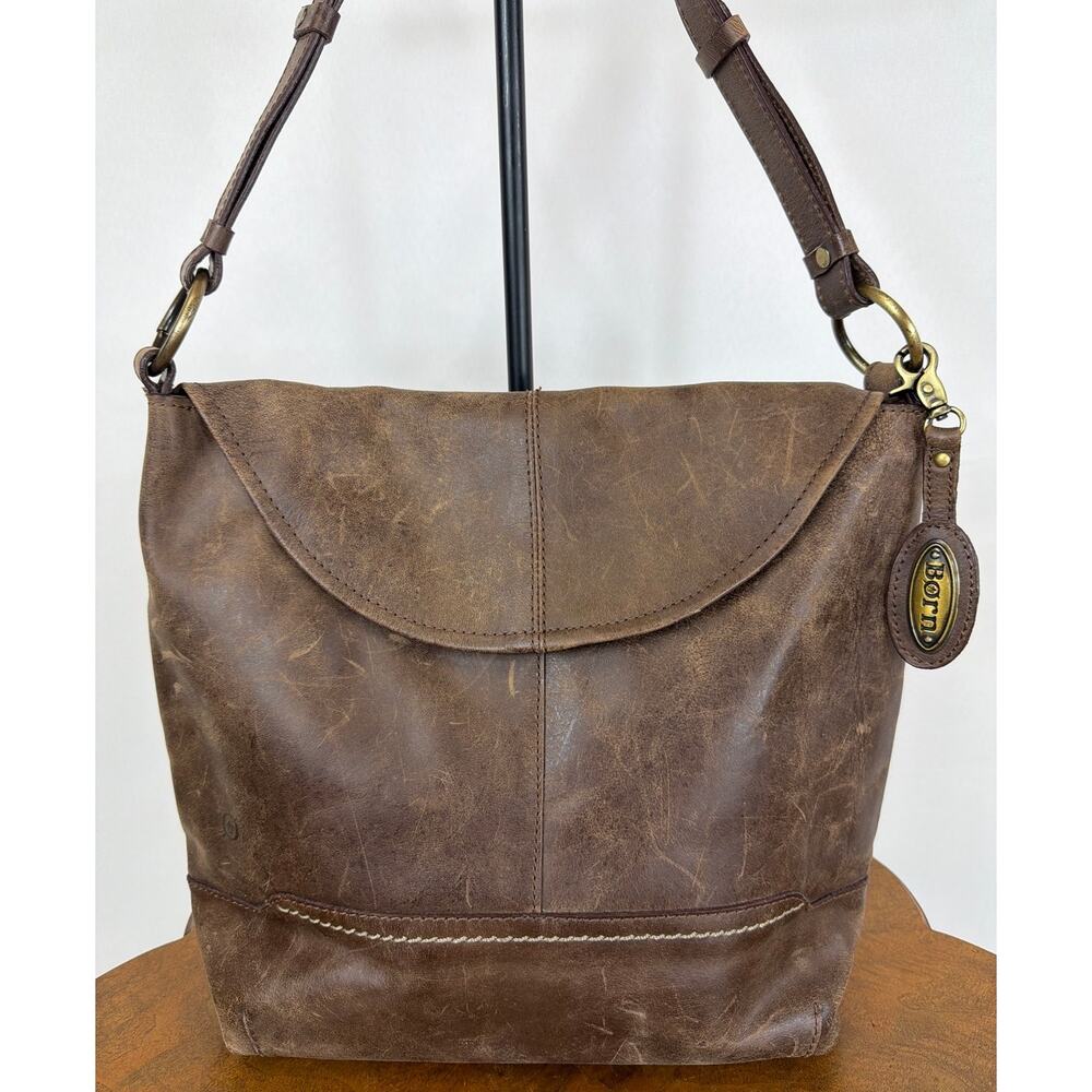 Vintage Born Brown Distressed Leather Fold Over Flap Adjustable Shoulder Bag
